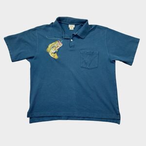 Vtg L.L. Bean Bass Fishing Polo Shirt Large Blue Pique Cotton Embroidered Fish